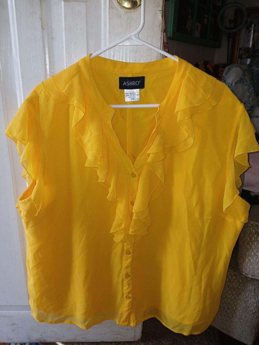 Ashro Sunny Yellow Ruffle-Trim Button Blouse